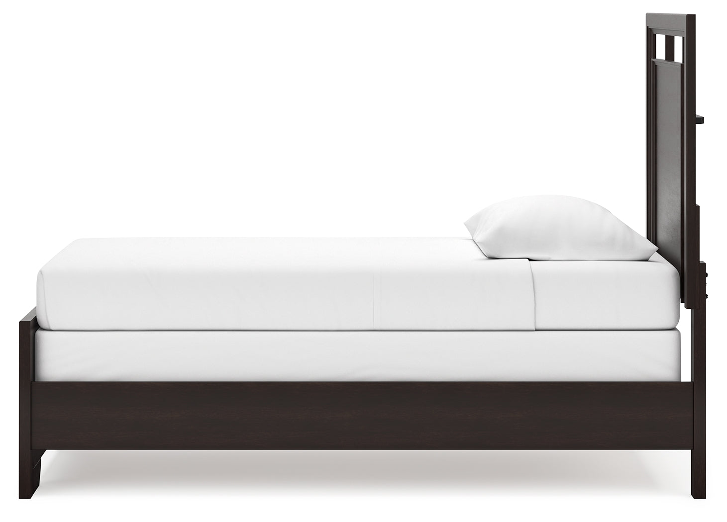 Covetown dark brown twin panel bed side angled close-up