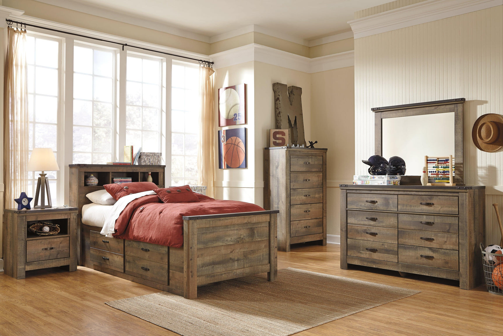 Trinell Brown Twin Bed storage drawers open showing space