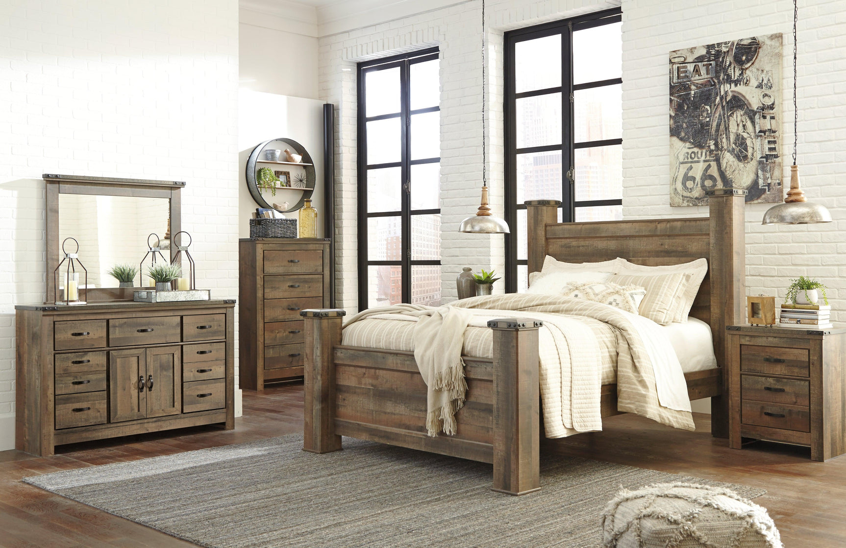 Close-up of rustic plank finish and wood grain on Trinell Bed