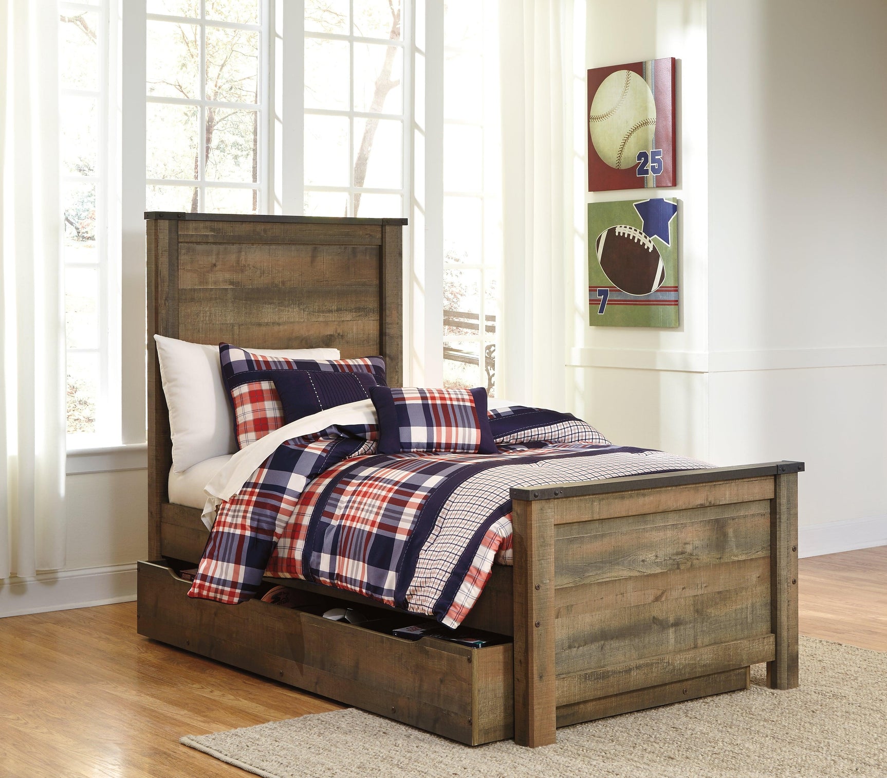 Side view of Trinell Twin Panel Bed in warm brown finish