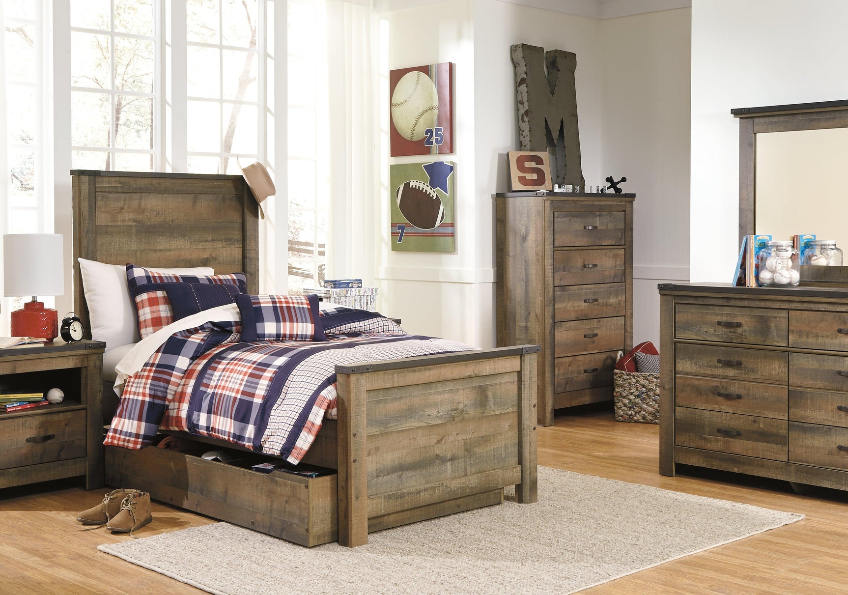 Trinell Brown Twin Panel Bed with Large Storage Drawer, front view