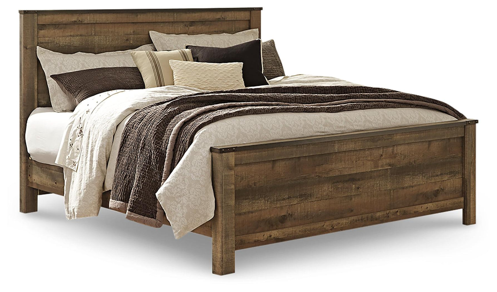 Trinell King Panel Bed angled side view showing nailhead accents