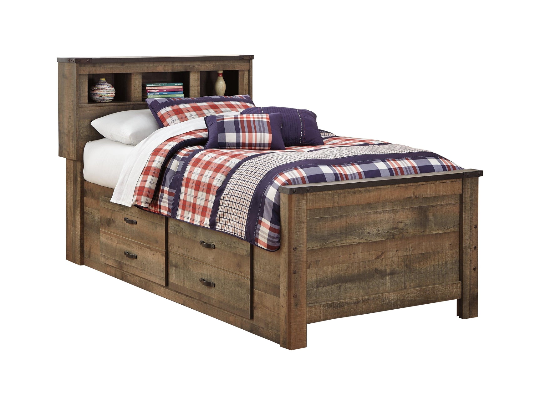 Close-up of Trinell Brown Twin Bed nailhead and plank-style detail