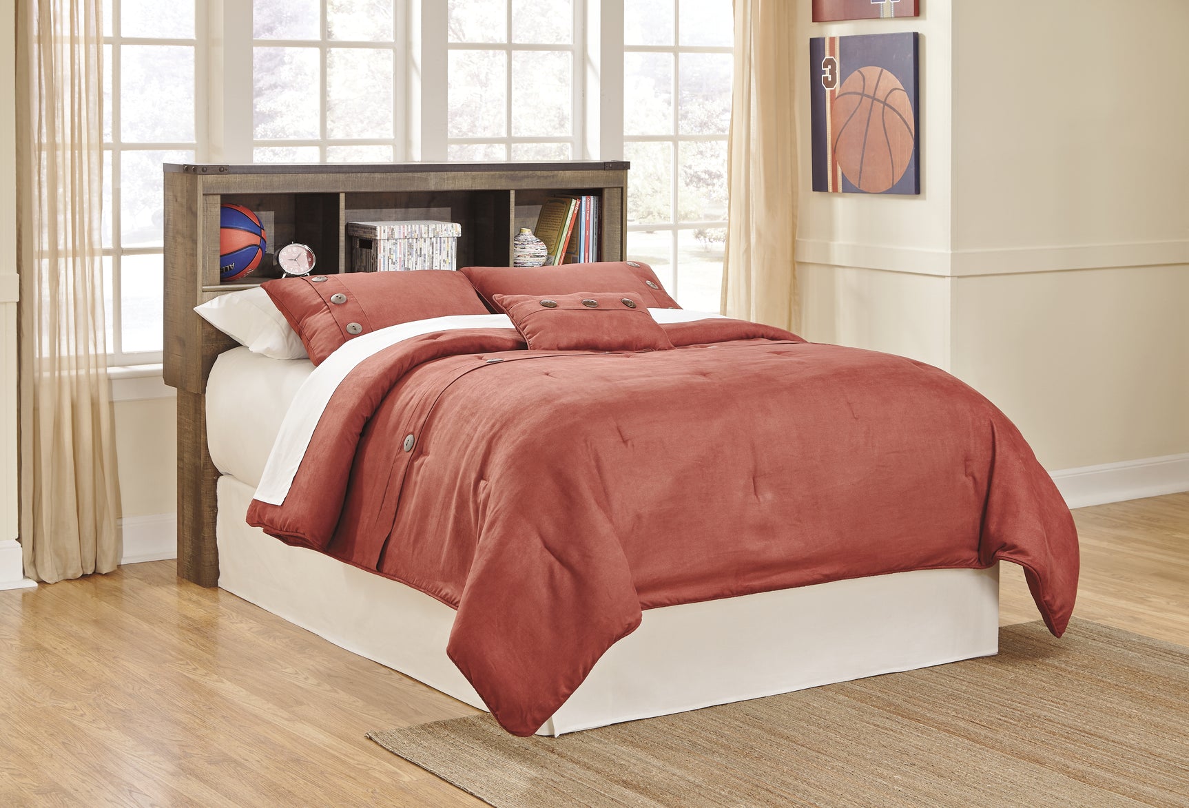 View of Trinell Full Bookcase Bed footboard and side panel