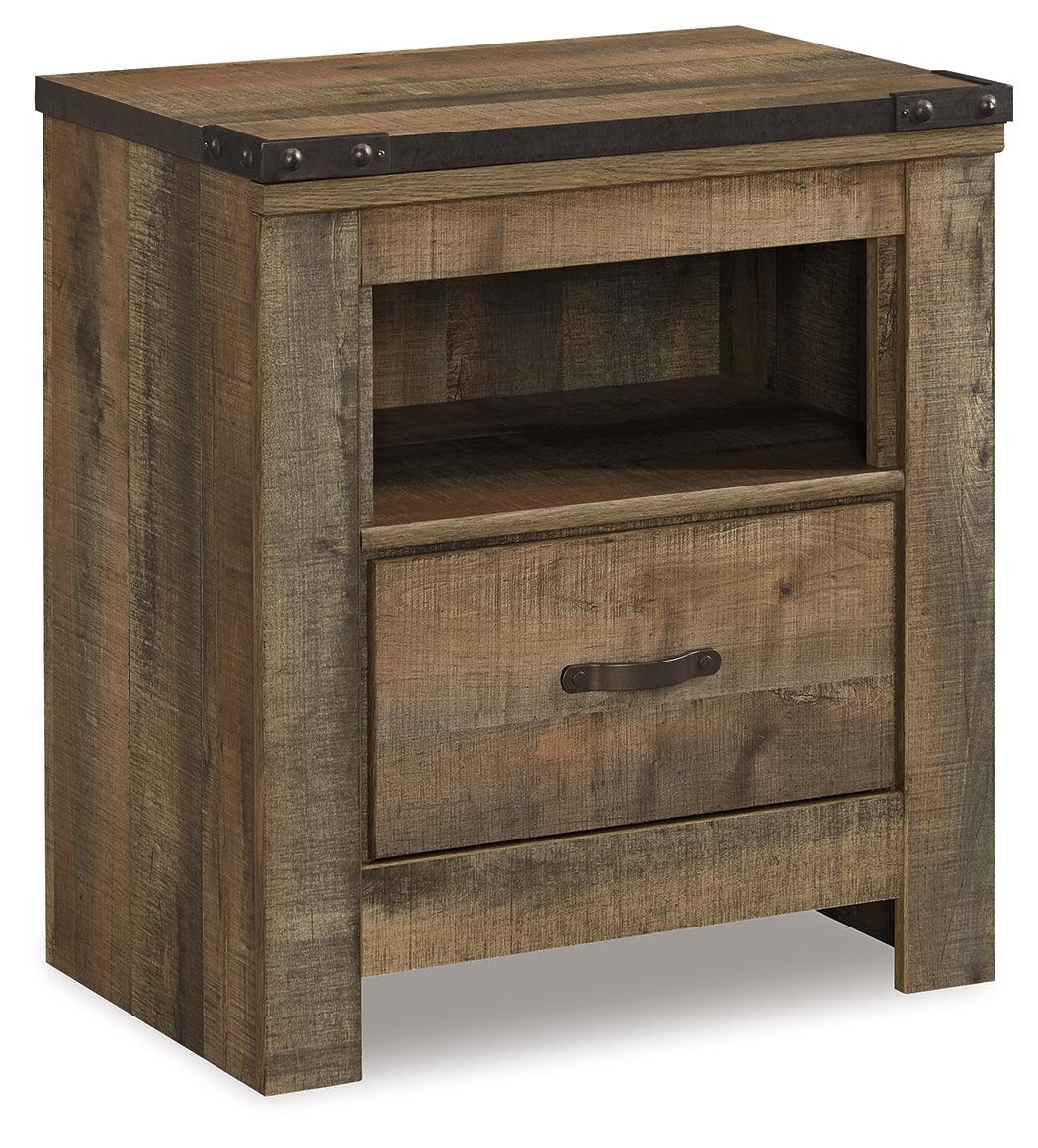 Trinell Brown Nightstand side angle showing nailhead trim