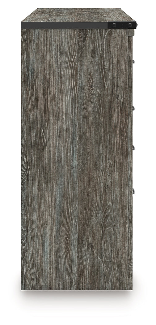 Frandern Gray Dresser side view showing drawer handles