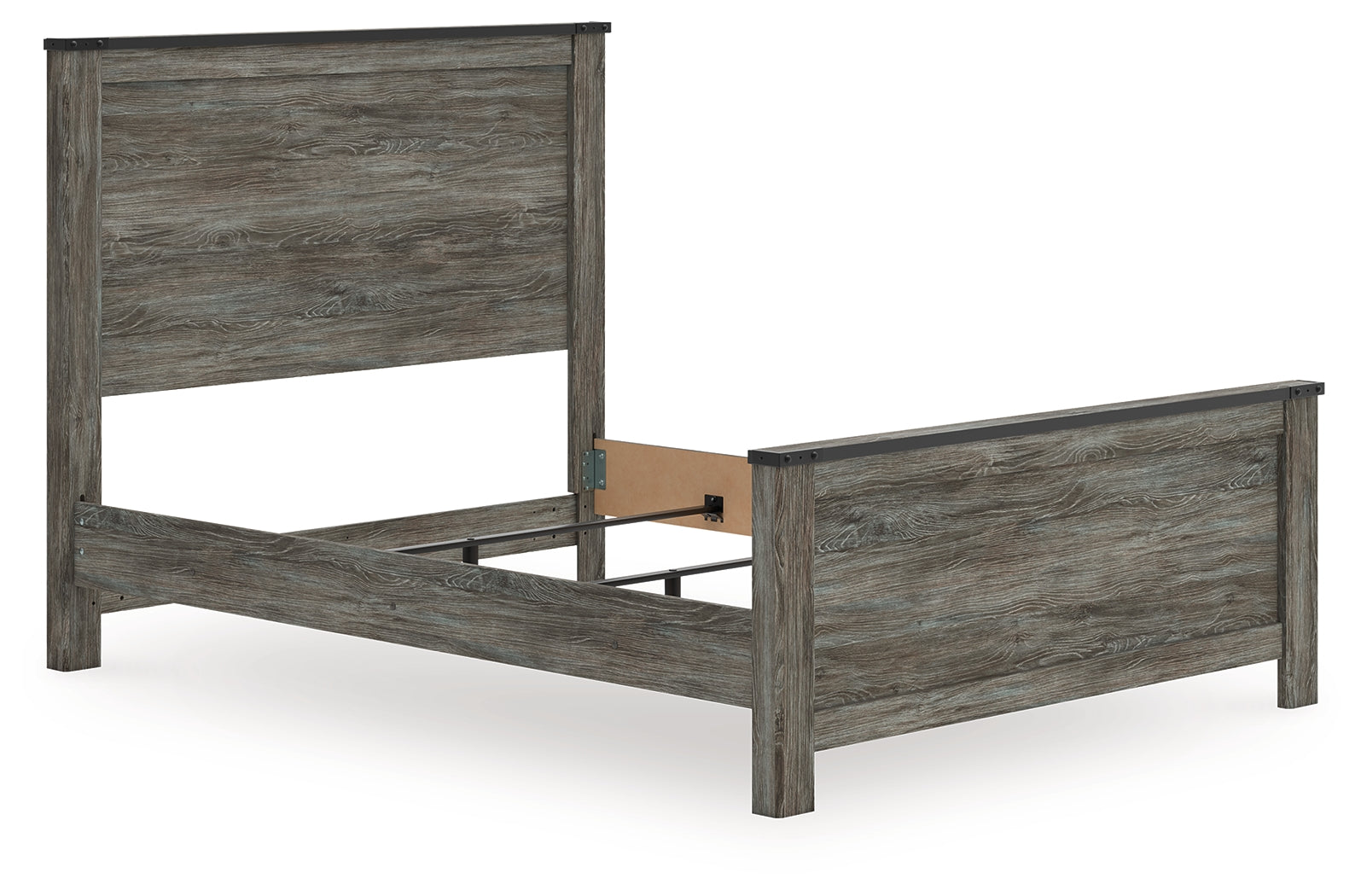 Side angle of Frandern Queen Panel Bed with rustic gray finish