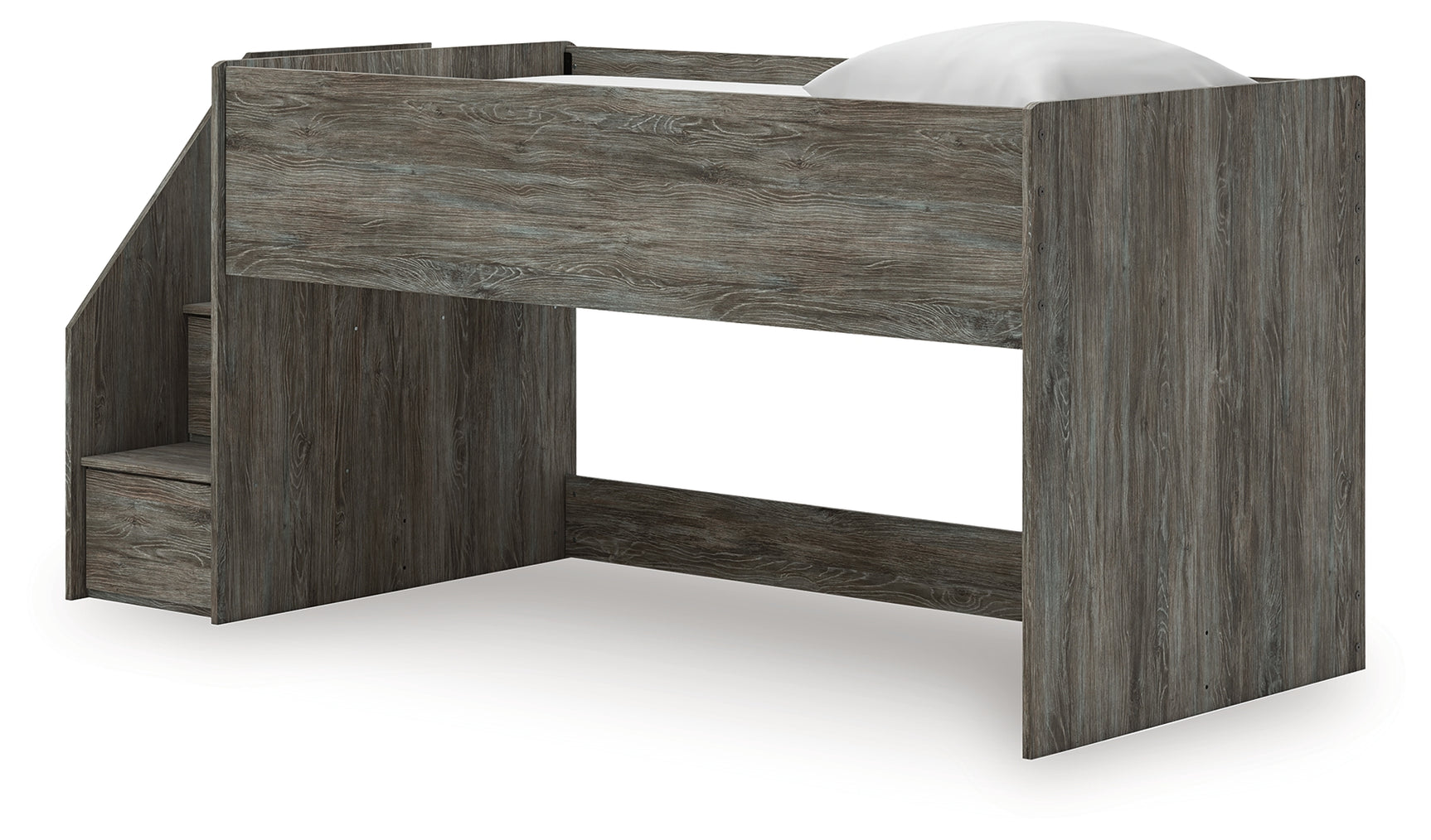 Frandern Gray Twin Loft Bed side angle showing storage steps