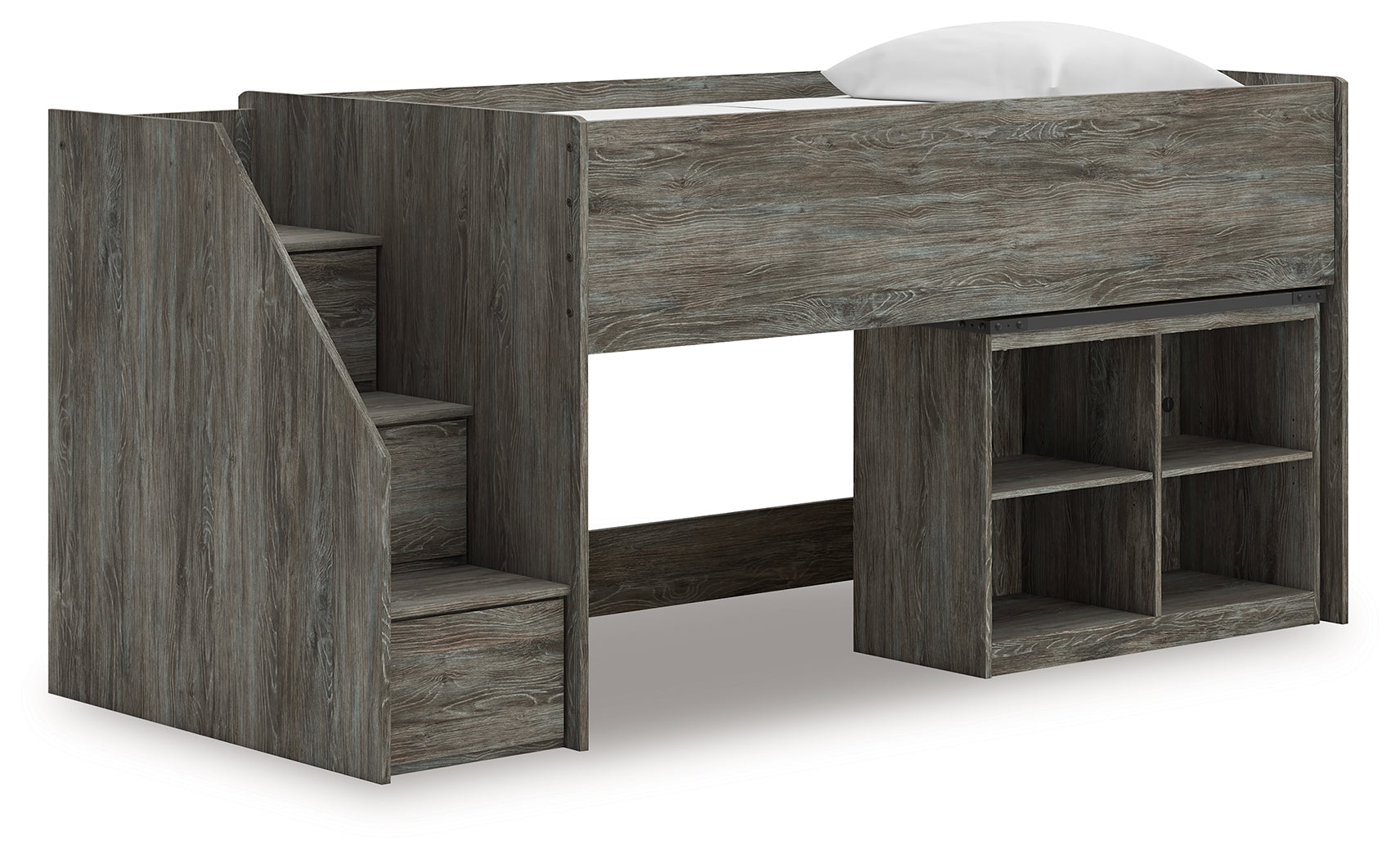 Frandern Twin Loft Bed side view showing storage steps