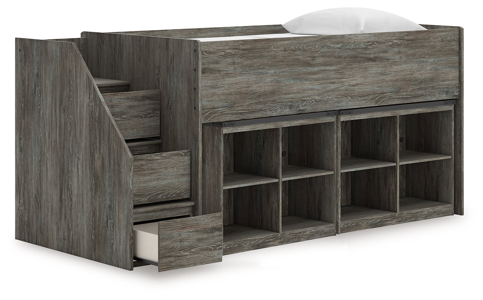 Frandern Warm Gray Twin Loft Bed with Bookcase Storage
