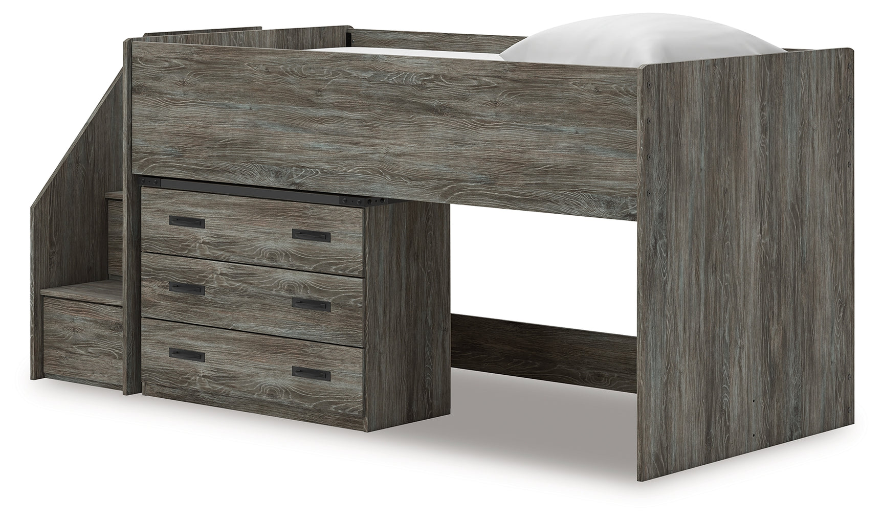 Frandern gray twin loft bed with industrial style accents