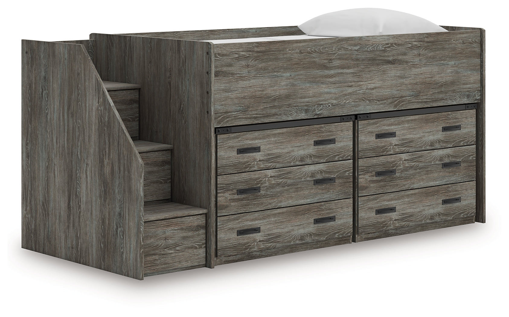 Frandern warm gray twin loft bed angled side view showing storage drawers