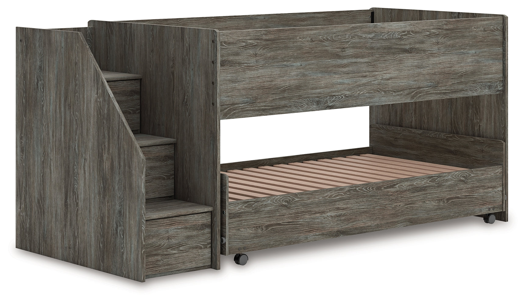 Frandern Gray Loft Bed side angle view with trundle open