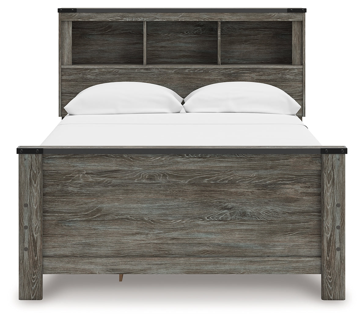 Head-on view of Frandern Full Bookcase Bed with storage cubbies and drawers