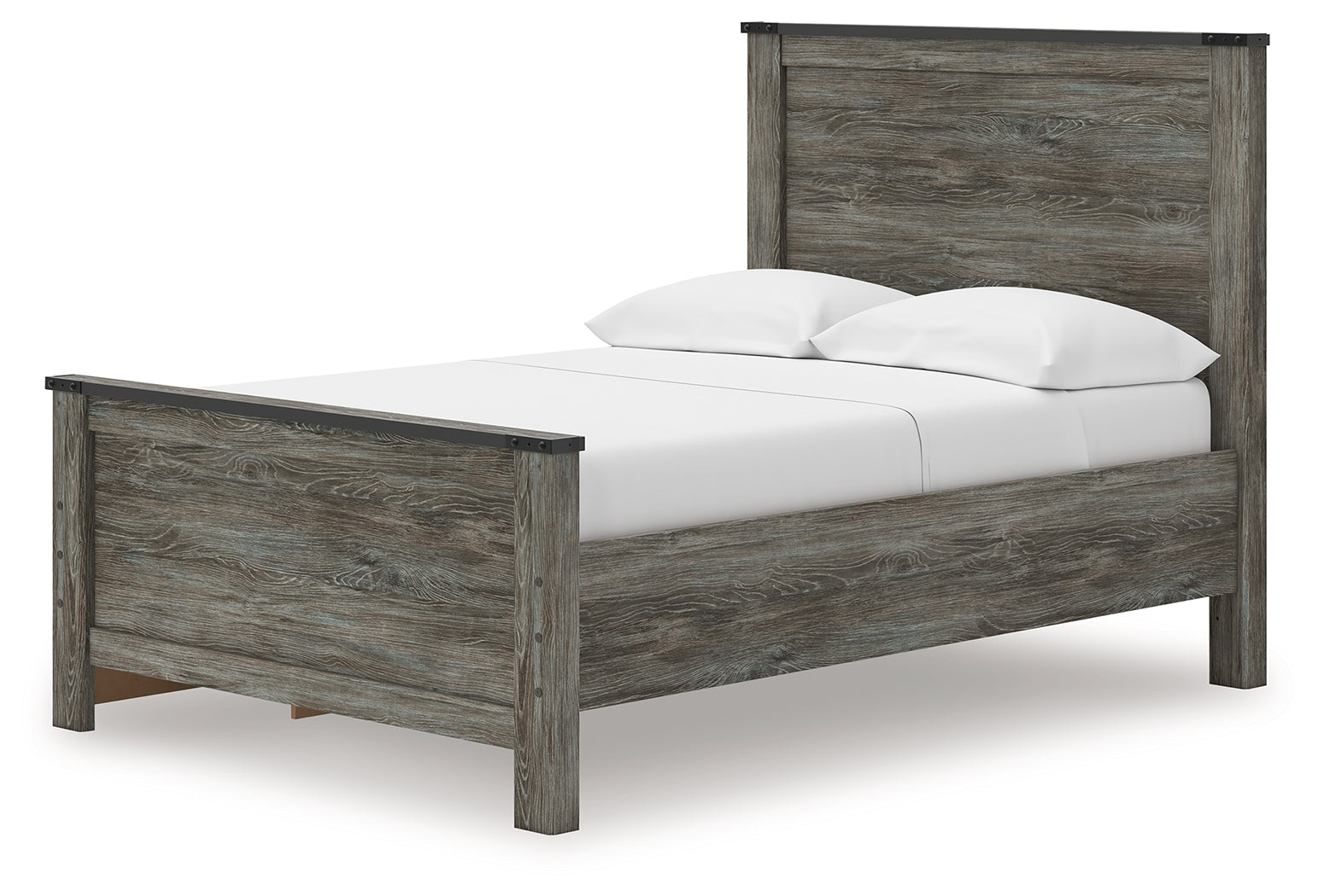 Close-up of faux metal detailing and nailhead accents on bed frame
