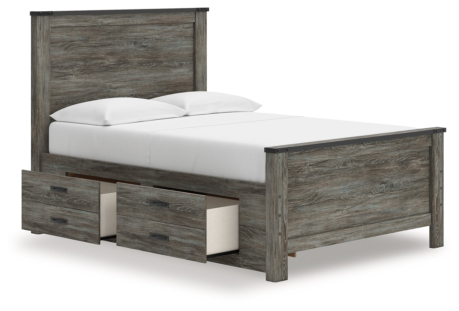 Frandern Full Panel Bed side view with storage drawers open