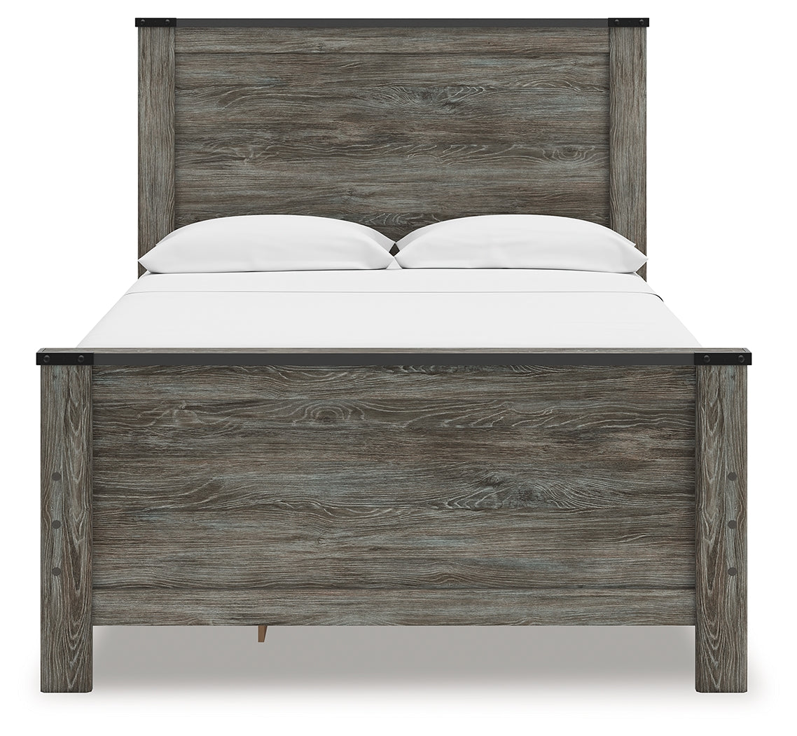 Frandern Full Panel Bed head-on view showing rustic warm gray finish