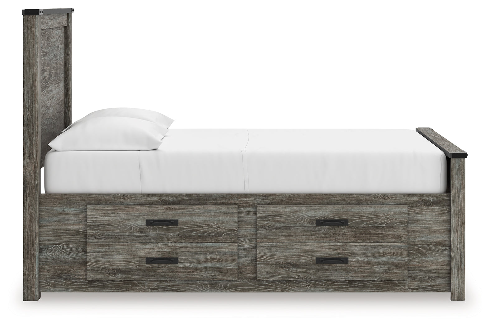 Side view of Frandern Full Panel Bed showing storage drawers closed
