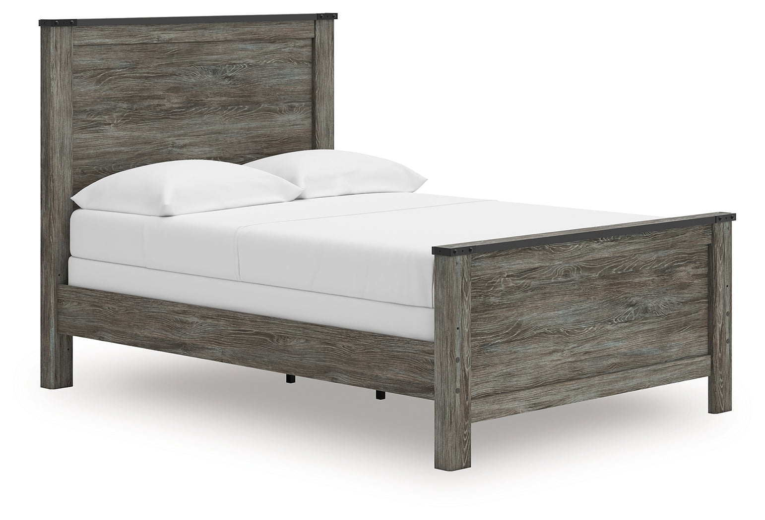 Frandern Full Panel Bed, side angle showing panel design and nailhead detail