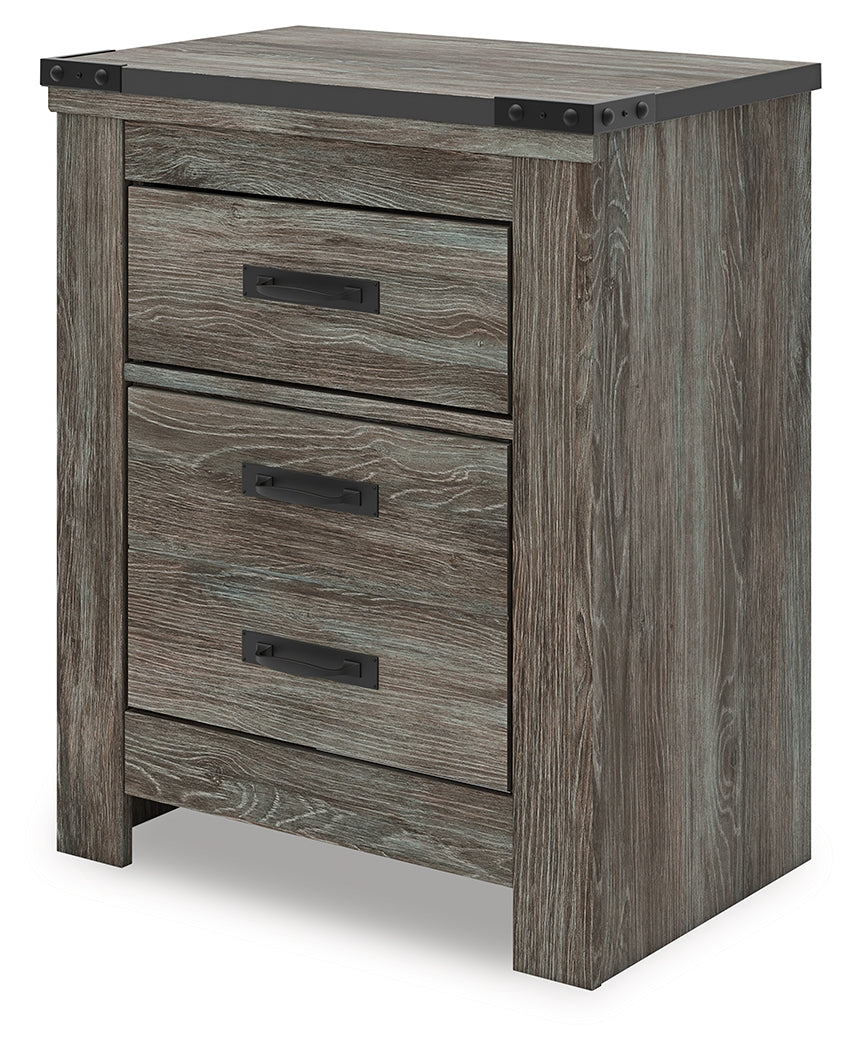 Frandern nightstand side angle showing nailhead accent