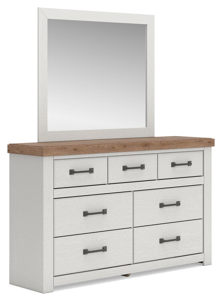 Savonport White/Brown Panel Bed. Dresser, Mirror Bedroom Set angled view