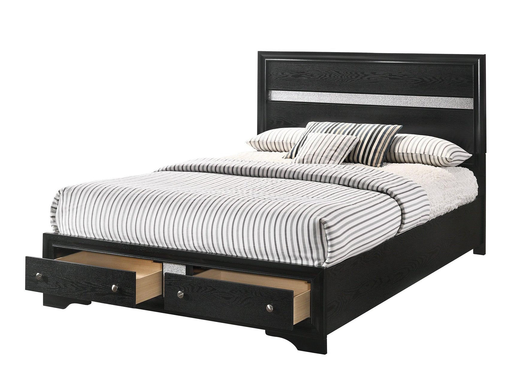 bedroom view of Regata Black Silver Storage Platform Bedroom Set bed