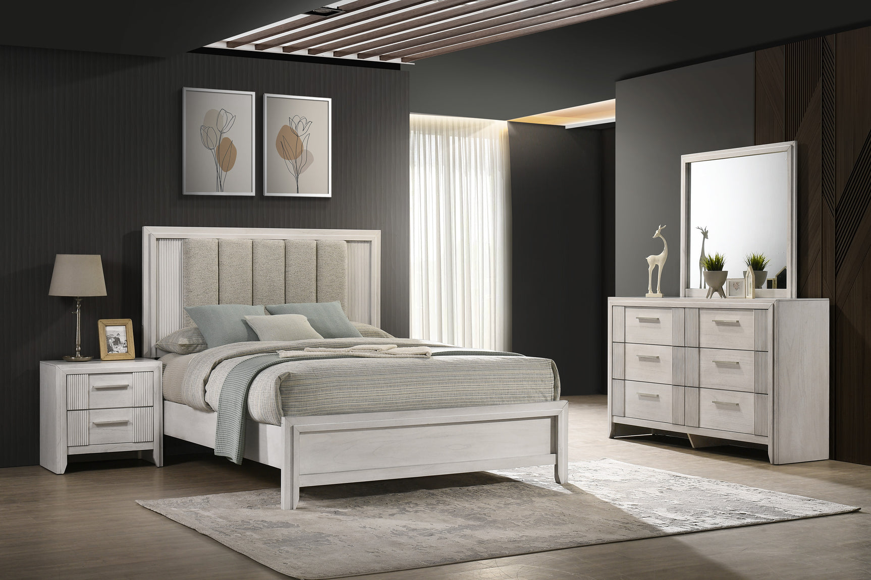 Side view of Carlton White Upholstered Panel Bedroom Set bed