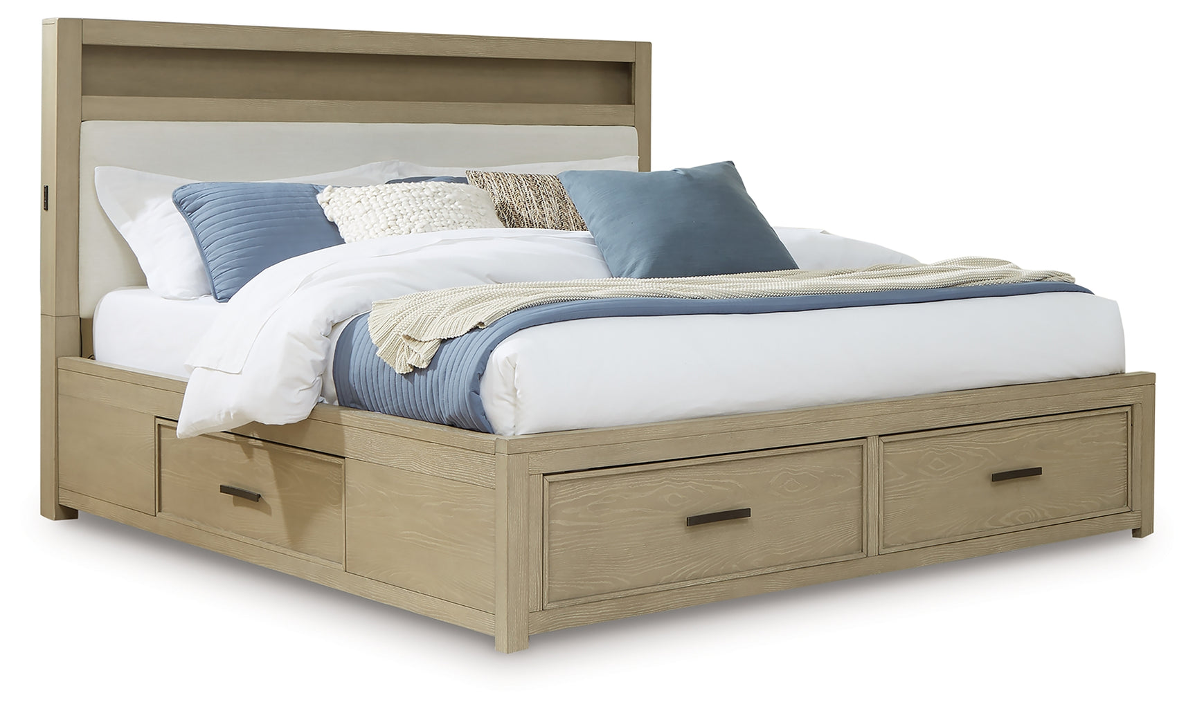 Side angle of Calmoro Gray Queen Bookcase Bed showing storage drawers