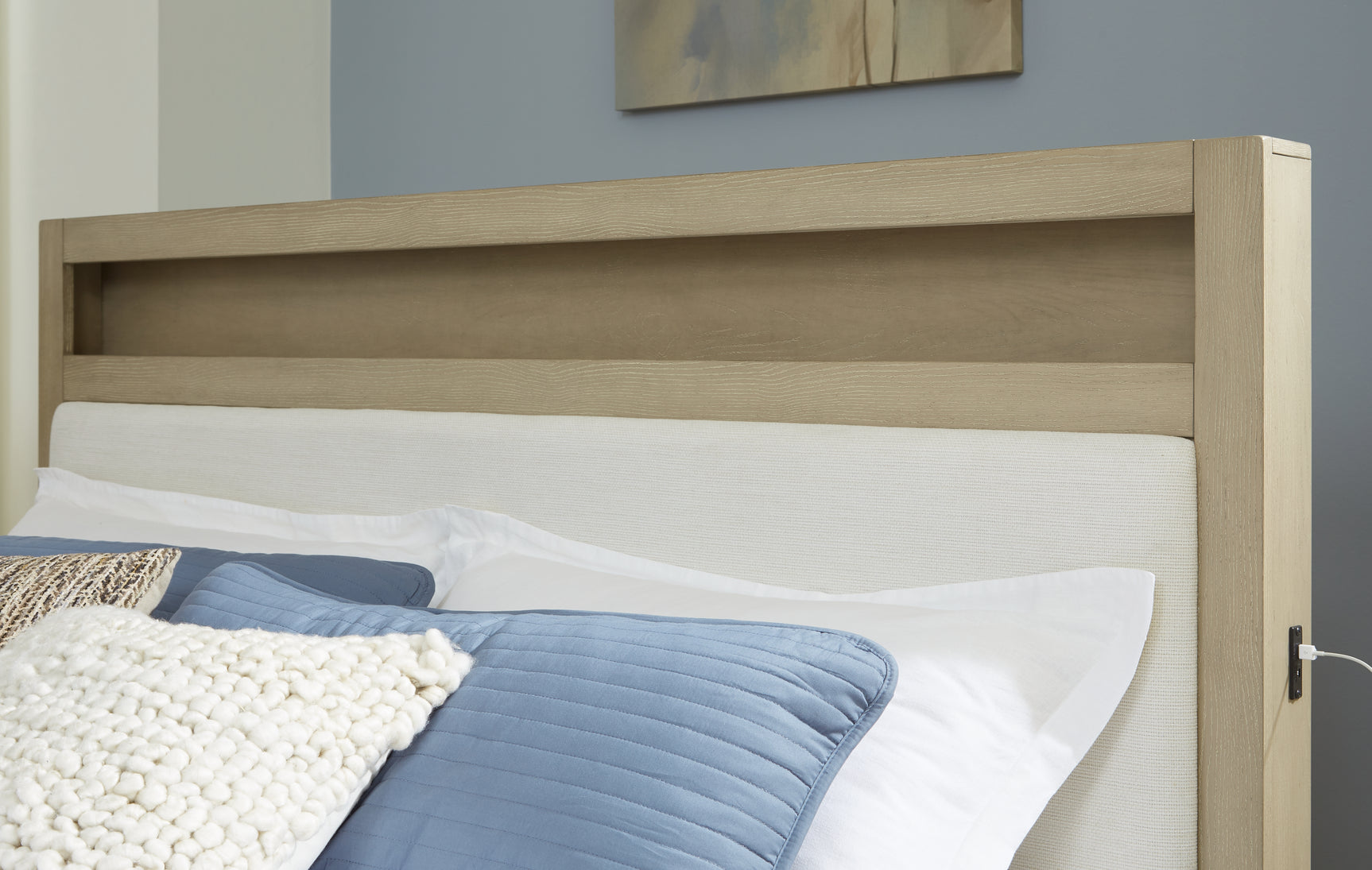 Detailed view of headboard upholstery and texture