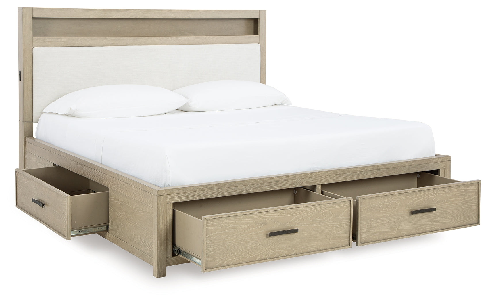 Metal bar pulls in blackened steel finish on Calmoro bed drawer