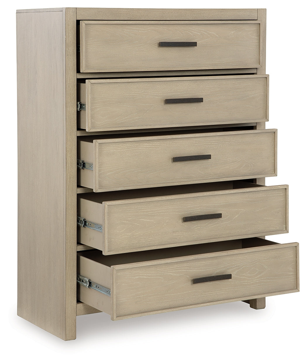 Calmoro Gray Chest of Drawers angled open drawer showing storage