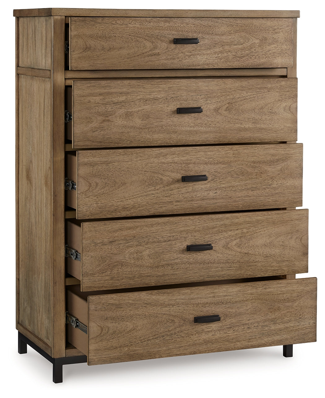 Front view of Tomtyn light brown chest with metal legs