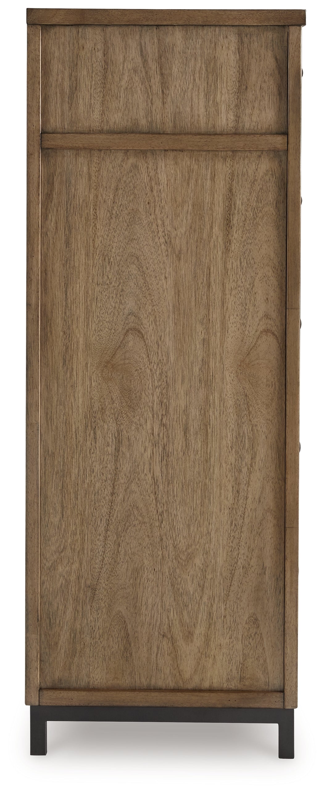 Close-up of metal bar pull on light brown chest