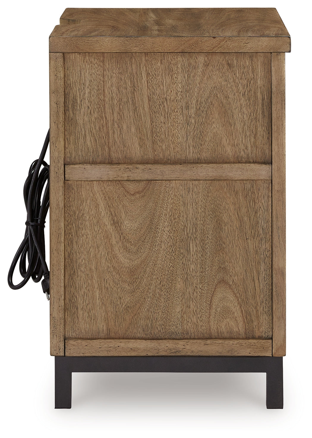 Side profile of Tomtyn Nightstand highlighting metal legs