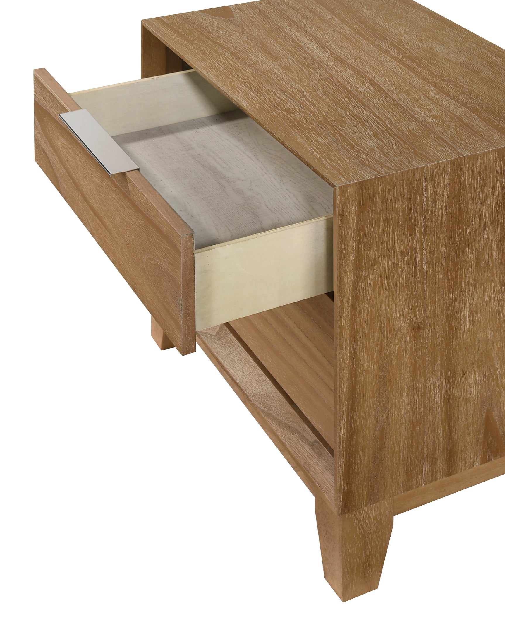 Side view of Florian platform bed in light brown upholstery