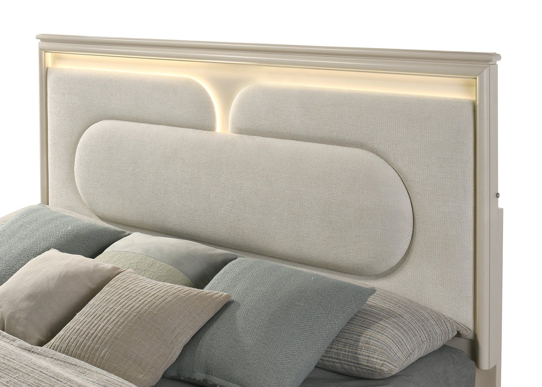 Bedroom view featuring Aviana beige upholstered LED storage bed