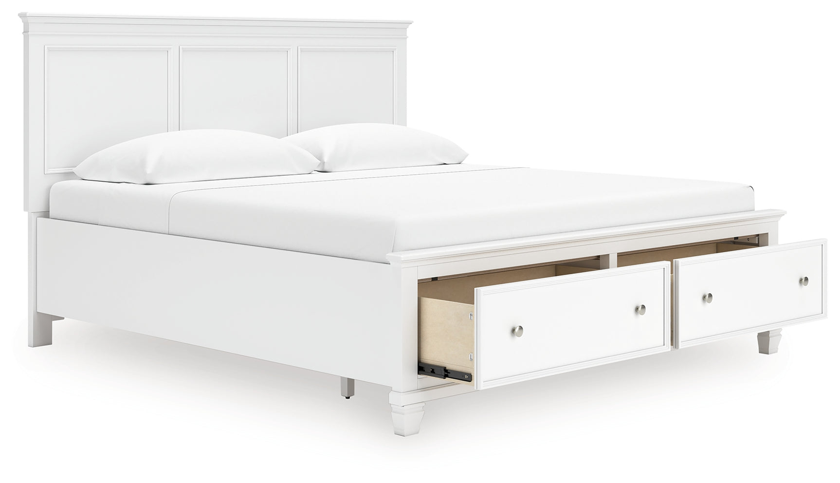 Close-up of storage drawer and satin nickel knobs