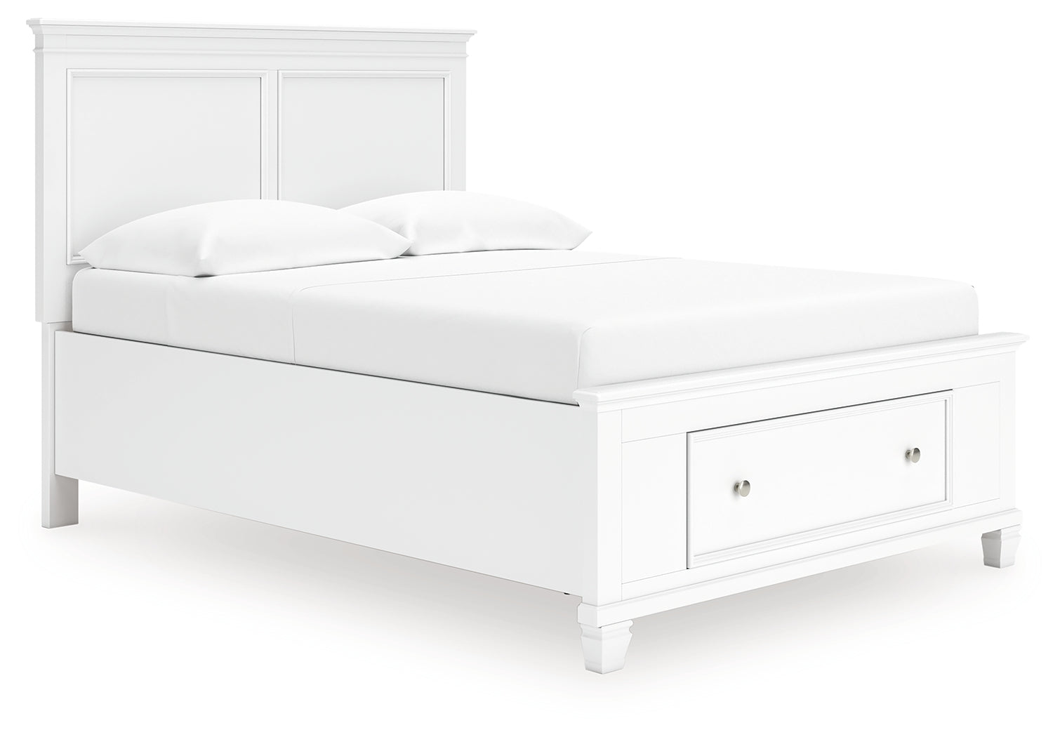 Fortman white full panel storage bed footboard with drawers open