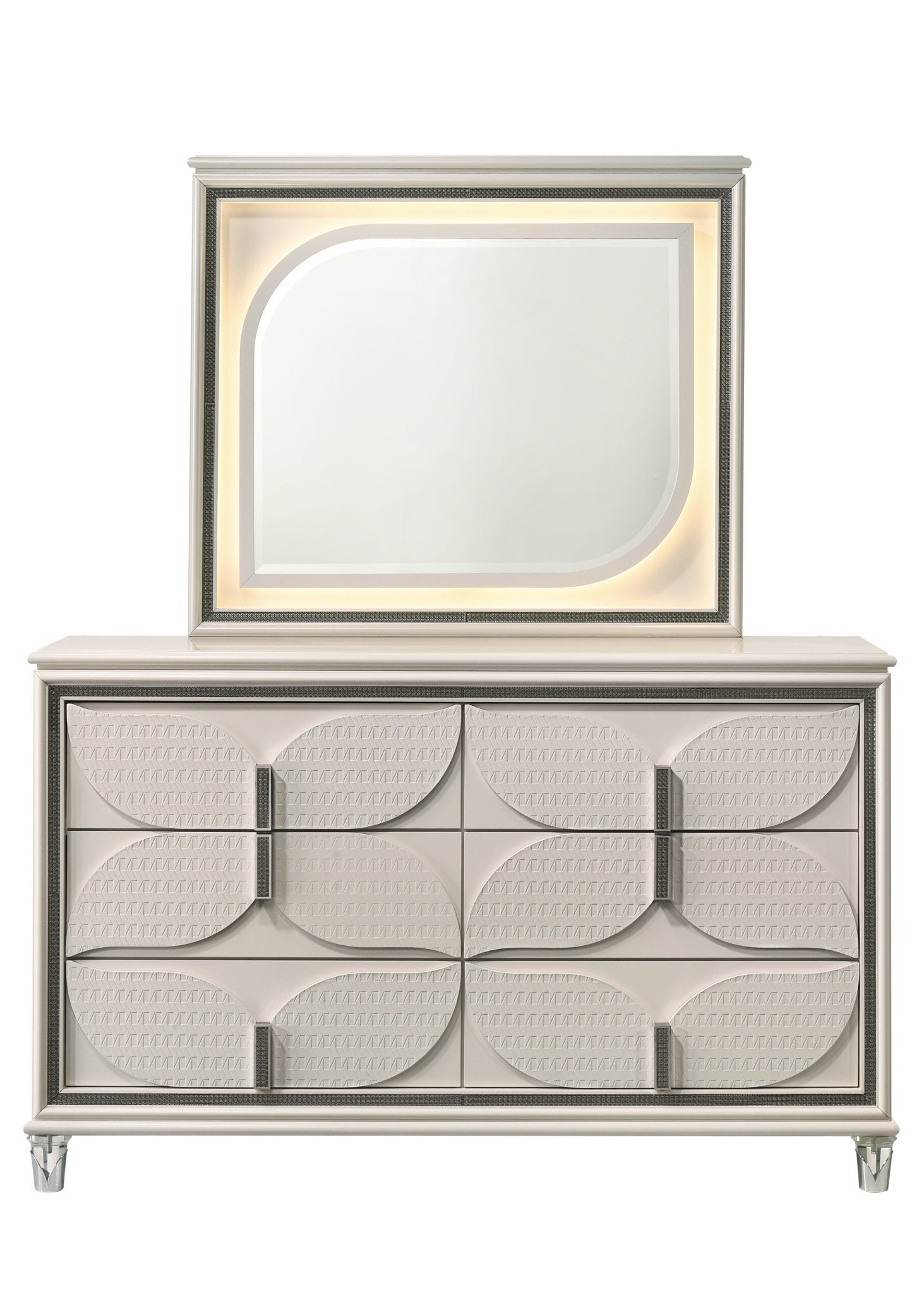 Dresser front showing jewelry tray drawers