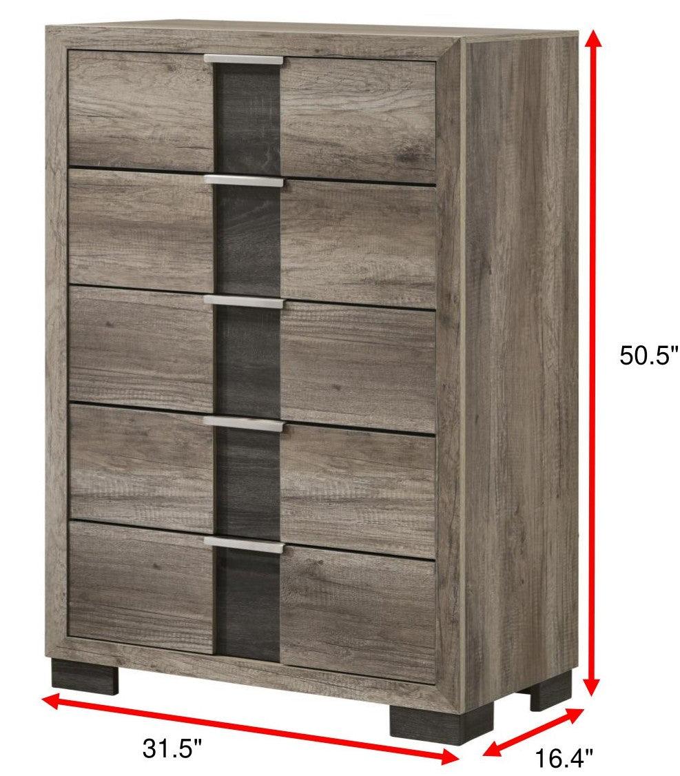 Rangley Gray 5-drawer Chest side angle highlighting wood grain and finish