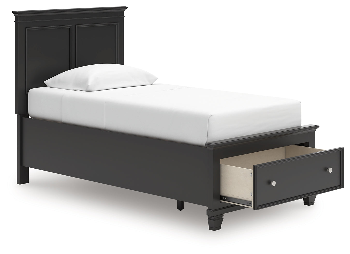 Lanolee Black Twin Panel Storage Bed with open deep storage drawer