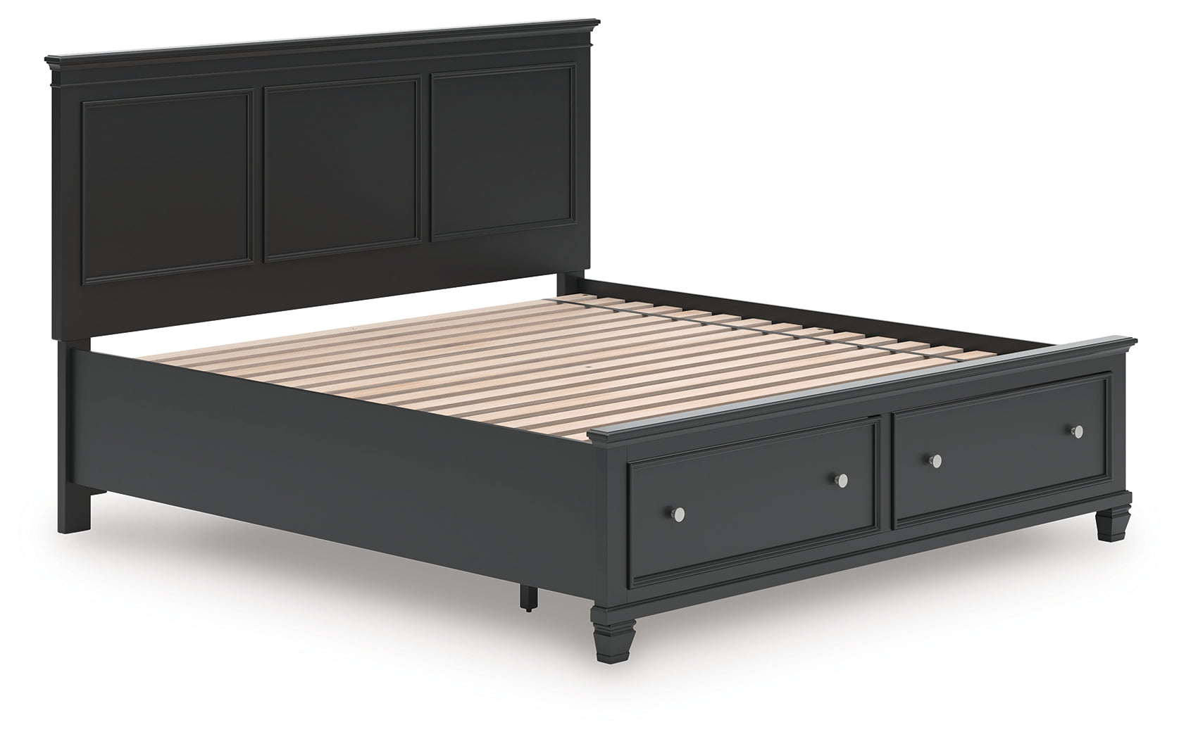 Close-up of wood grain and drawer knobs on Lanolee Black Bed
