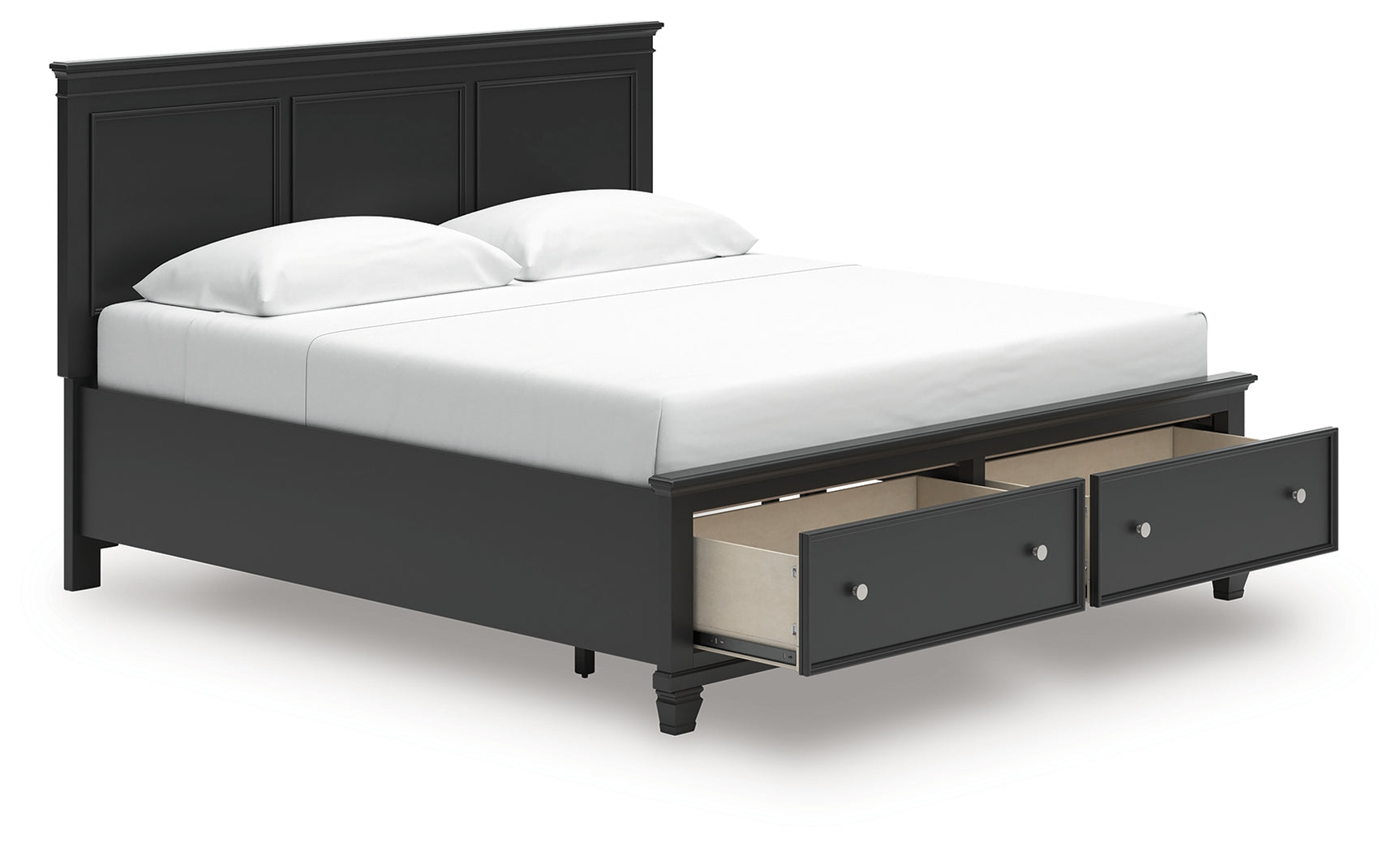 Storage drawers open in Lanolee King Panel Storage Bed footboard