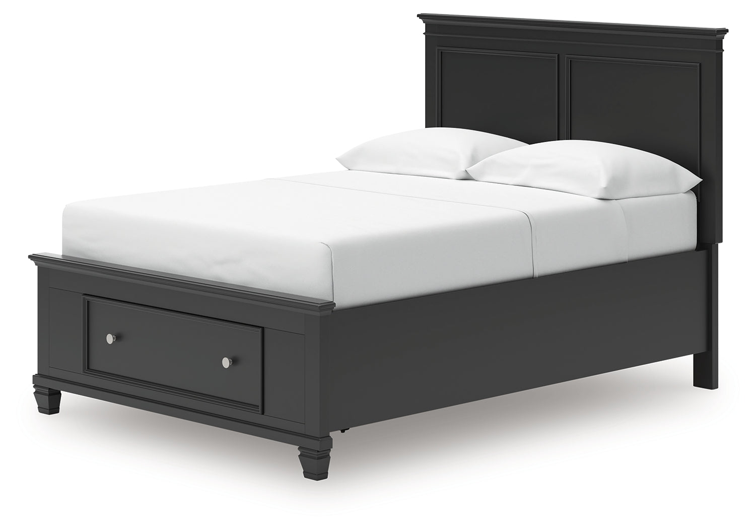 Storage drawers on black full panel bed