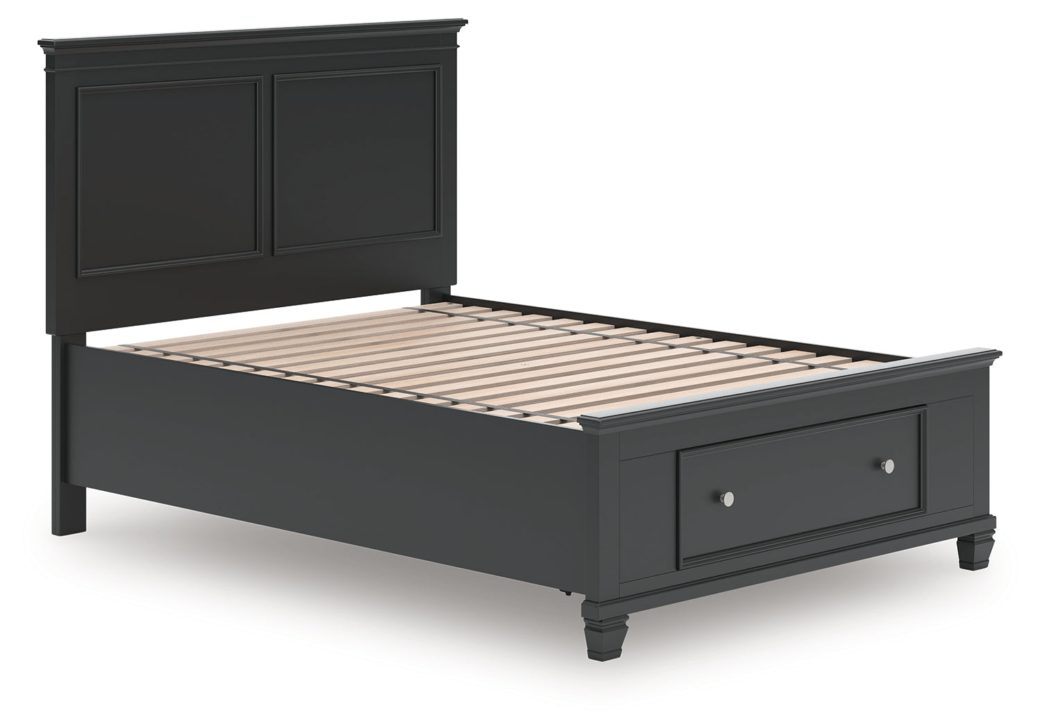 Side angle of full panel bed showing tapered feet