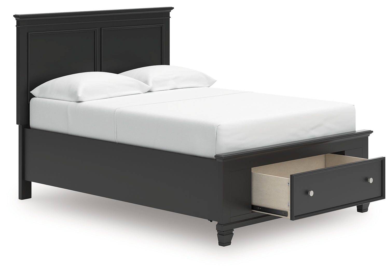 Close-up of black painted finish and satin nickel-tone knobs