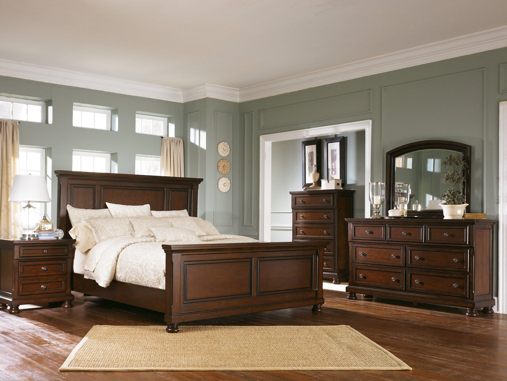 Porter Rustic Brown Queen Panel Bed with matching bedroom furniture