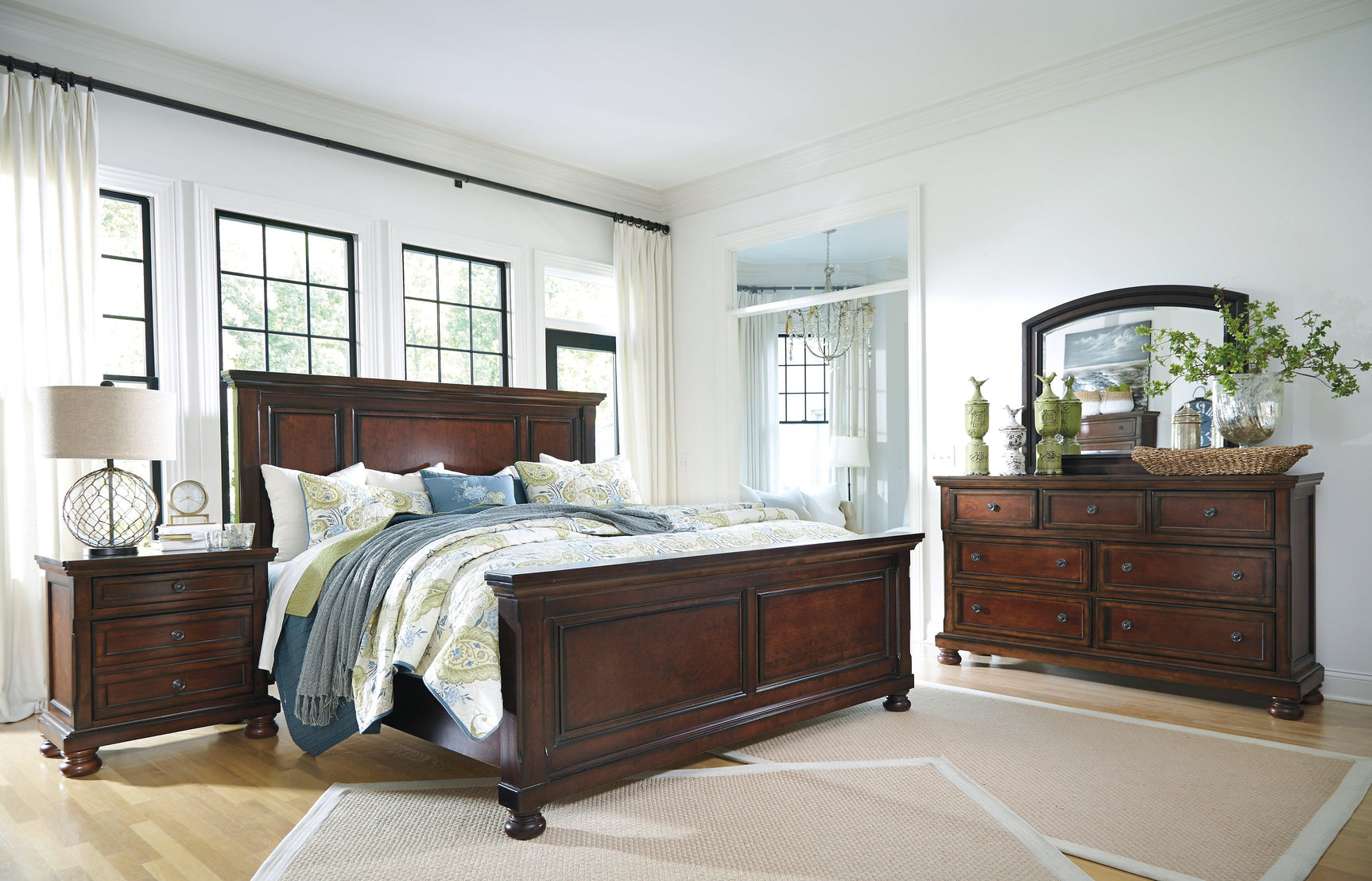 Porter Rustic Brown King Panel Bed with bedding