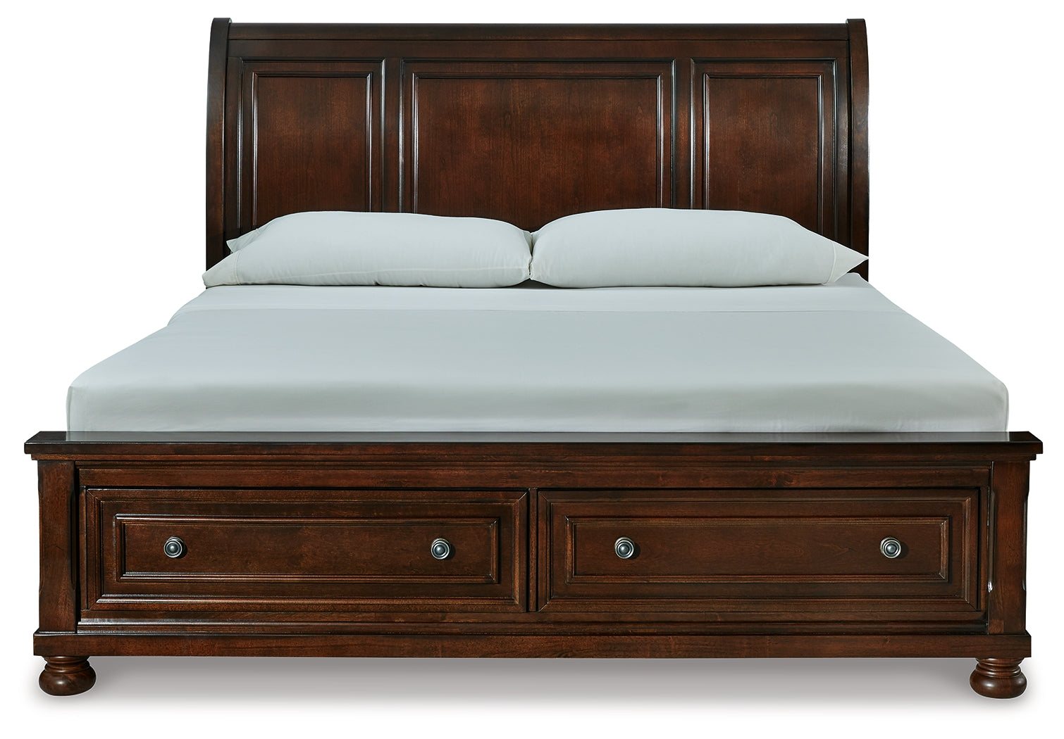 Bed from footboard perspective showing storage drawers
