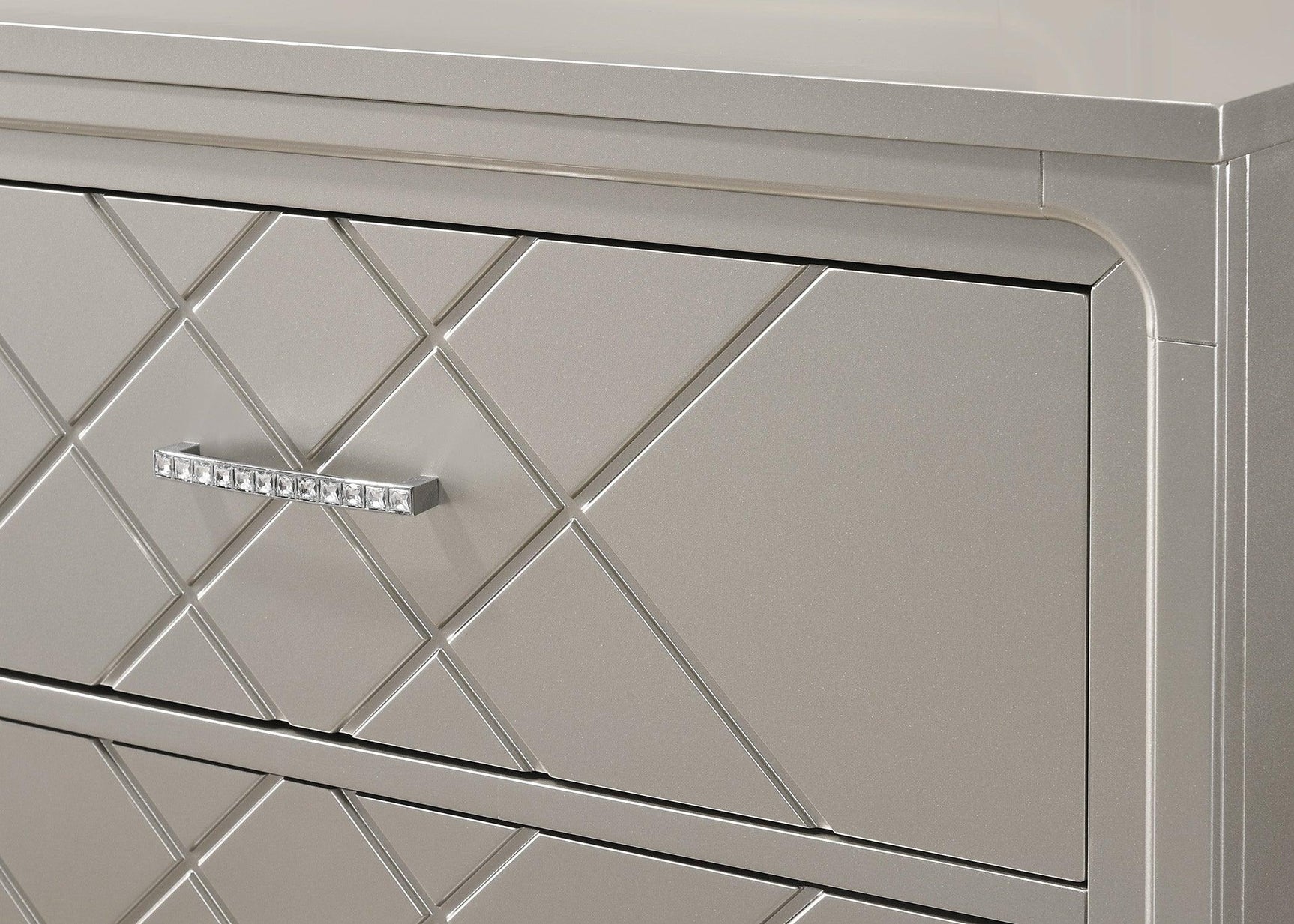 Jaylen night stand view highlighting bottom shelf and metal accents